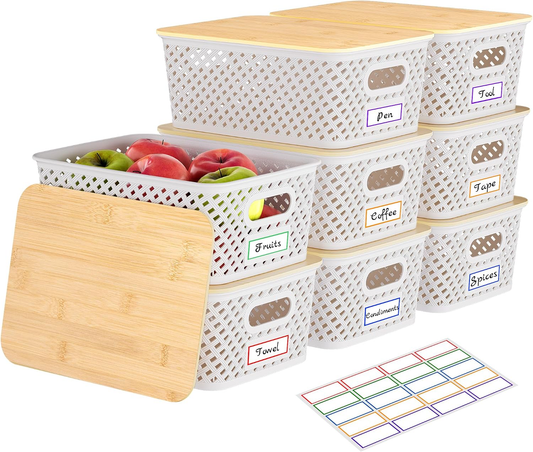8 Pack Plastic Storage Bins with Bamboo Lids, 5.2 QT Stackable Bins