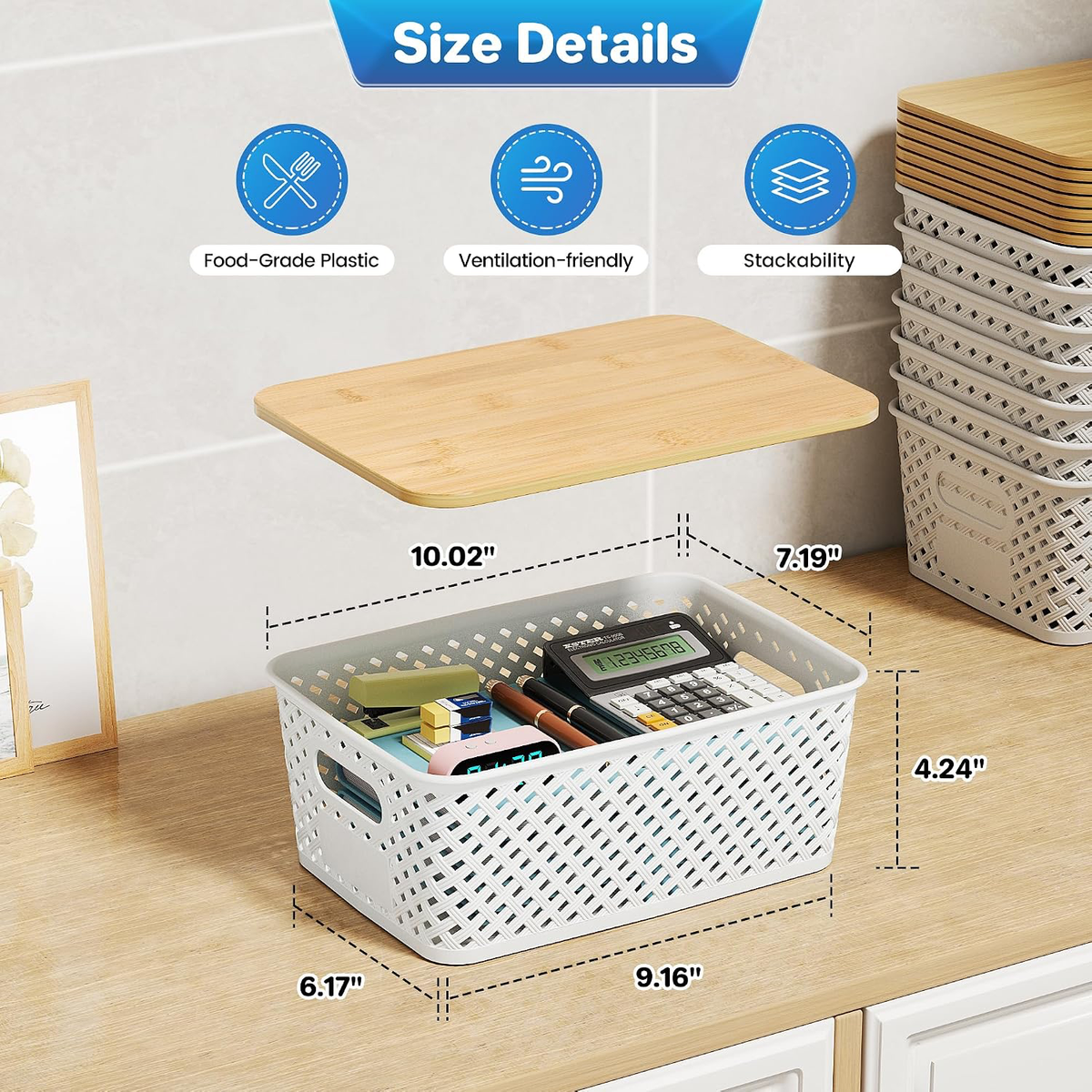 8 Pack Plastic Storage Bins with Bamboo Lids, 5.2 QT Stackable Bins