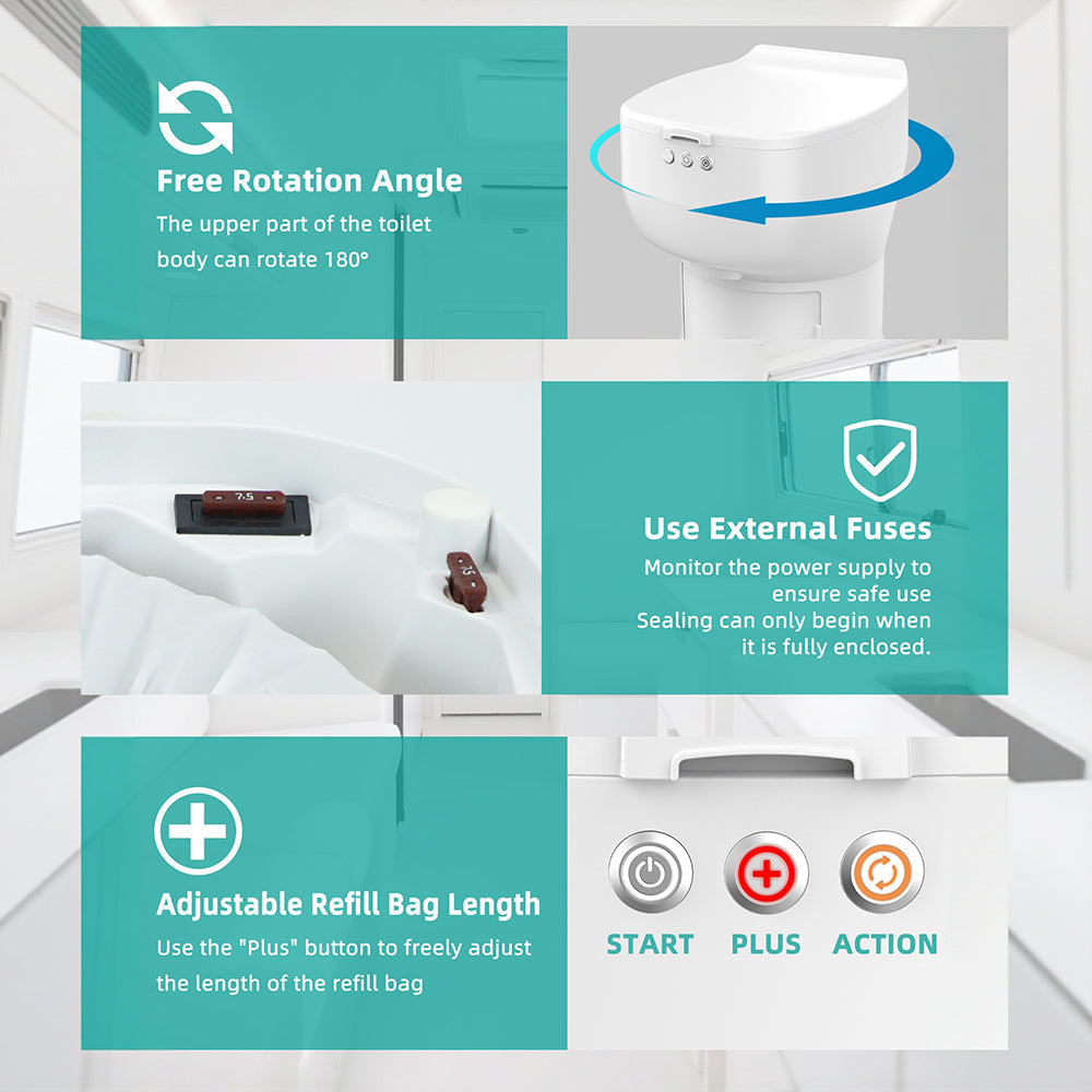 Fixed RV Dry Flush Toilet, Waterless Rechargeable (featuring LooSeal waterless seal technology)