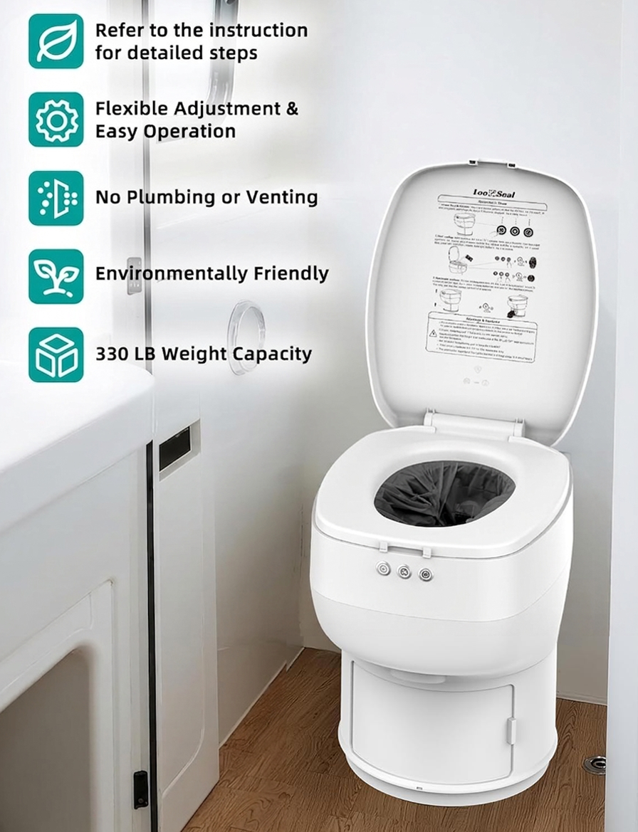 Fixed RV Dry Flush Toilet, Waterless Rechargeable (featuring LooSeal waterless seal technology)