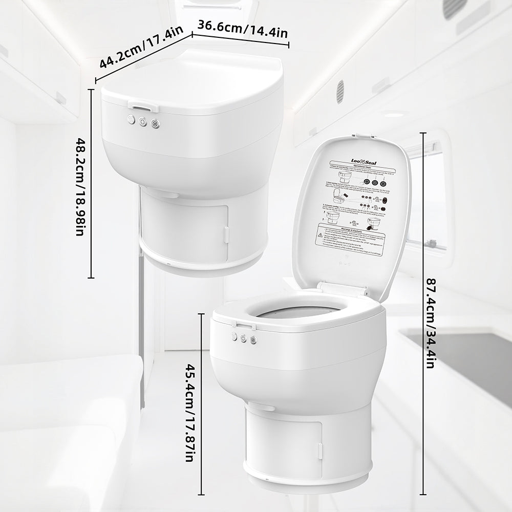 Fixed RV Dry Flush Toilet, Waterless Rechargeable (featuring LooSeal waterless seal technology)
